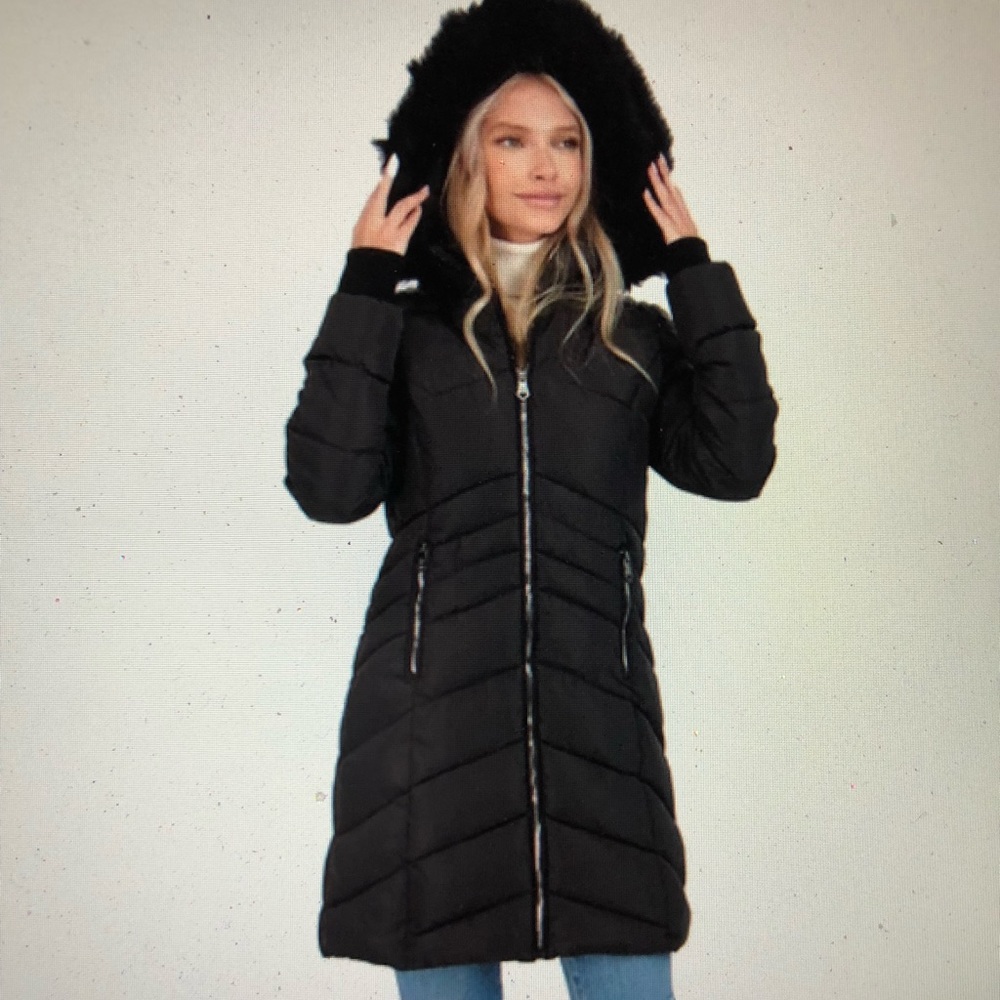 Nanette Lepore Womens Midnight Blue Puffer Coat with Faux Fur sz XS